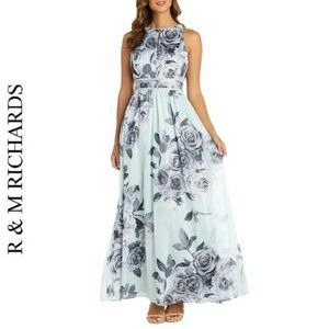 NWT R&M RICHARDS Floral Print Rhinestone Waist Gown Maxi Dress